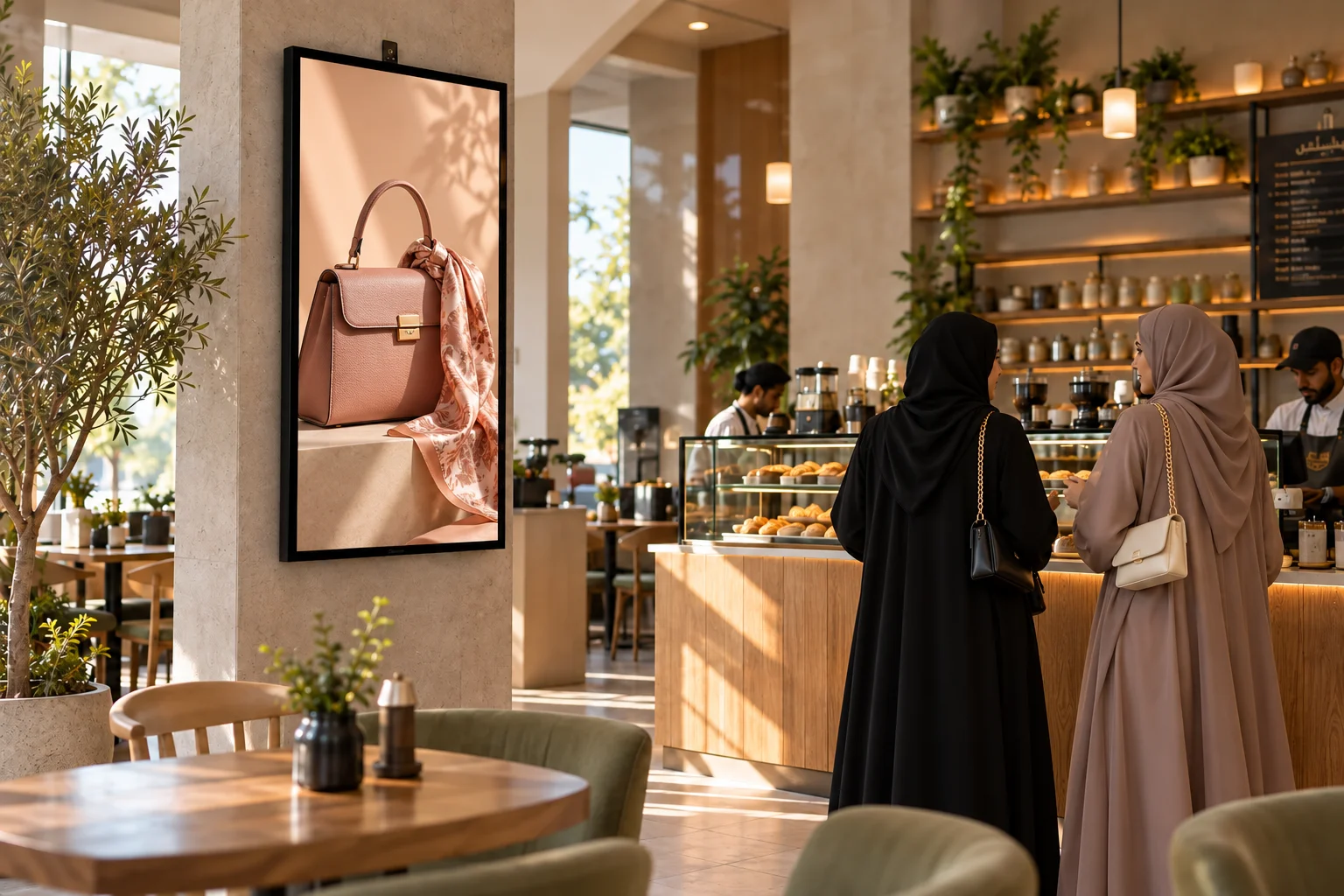 Illustrative café screen scene with a simplified computer vision demonstration